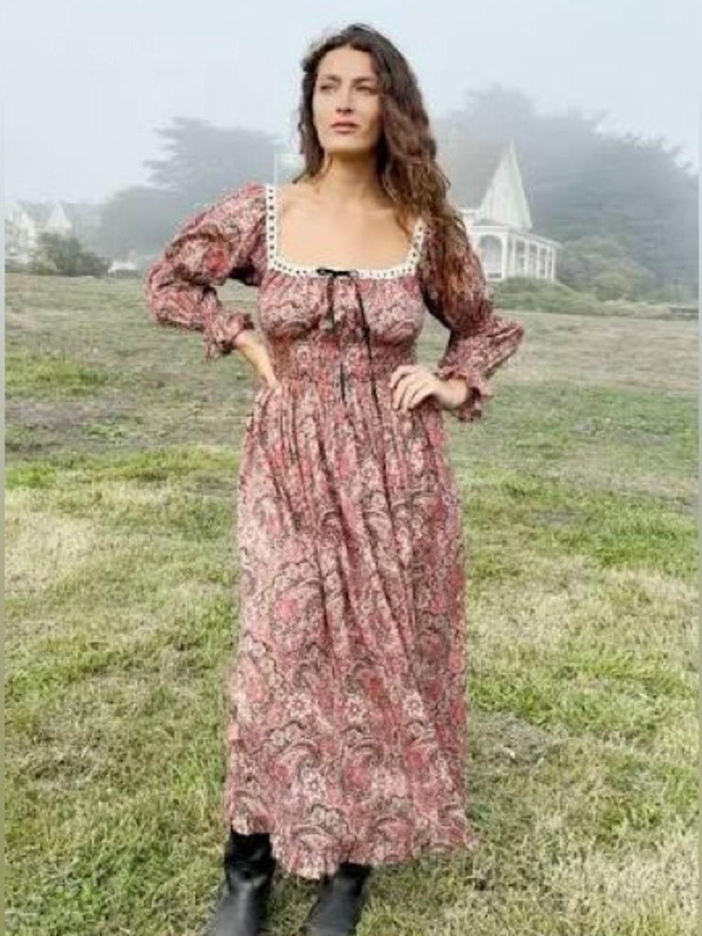 Christy Dawn Adelia Wine Paisley Maxi Dress Small Lace-Trim Square Neck Maxi